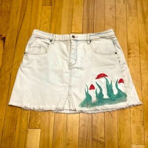 Handpainted upcycled 1 of 1 Wild Fable Mushroom Landscape Jean Skirt Size 18